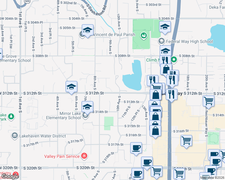 map of restaurants, bars, coffee shops, grocery stores, and more near 31071 9th Avenue South in Federal Way