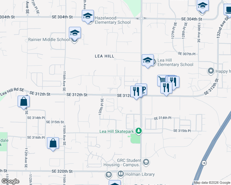 map of restaurants, bars, coffee shops, grocery stores, and more near 12273 Southeast 311th Street in Auburn