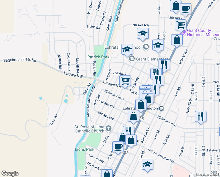 map of restaurants, bars, coffee shops, grocery stores, and more near 619 1st Avenue Northwest in Ephrata