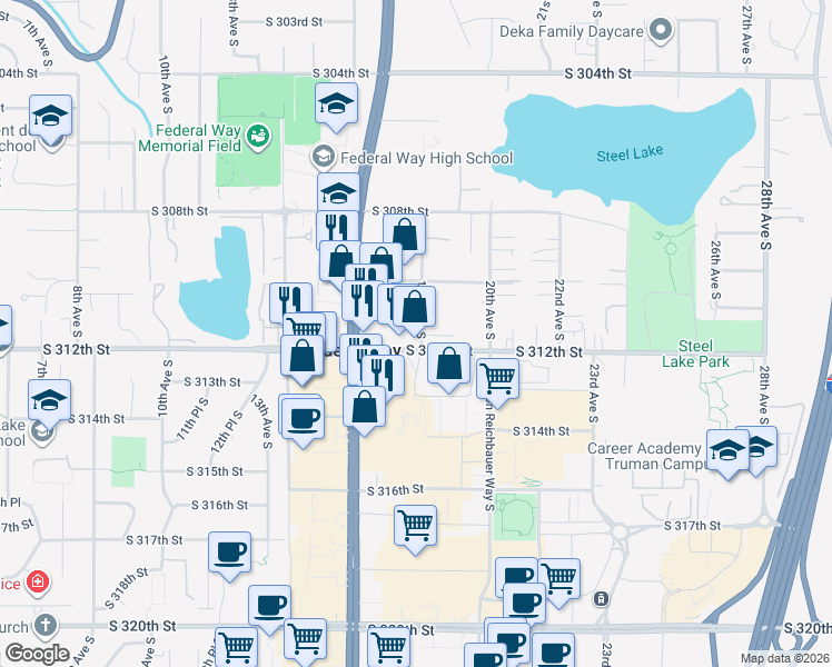map of restaurants, bars, coffee shops, grocery stores, and more near 1639 South 310th Street in Federal Way