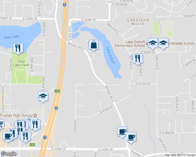 map of restaurants, bars, coffee shops, grocery stores, and more near 31051 Military Road South in Auburn