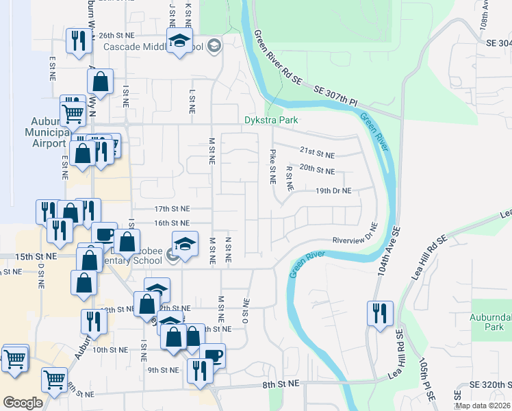 map of restaurants, bars, coffee shops, grocery stores, and more near 1901 Pike Street Northeast in Auburn
