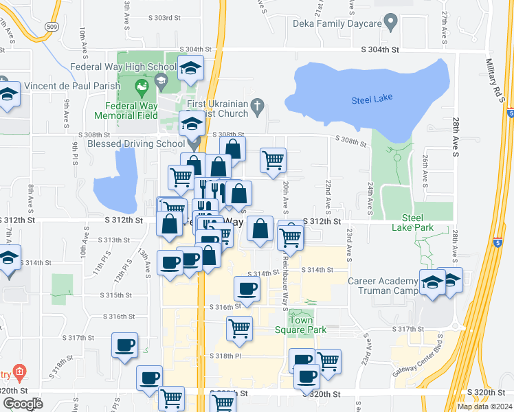 map of restaurants, bars, coffee shops, grocery stores, and more near 31010 18th Avenue South in Federal Way