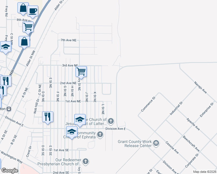 map of restaurants, bars, coffee shops, grocery stores, and more near 1221 2nd Avenue Northeast in Ephrata