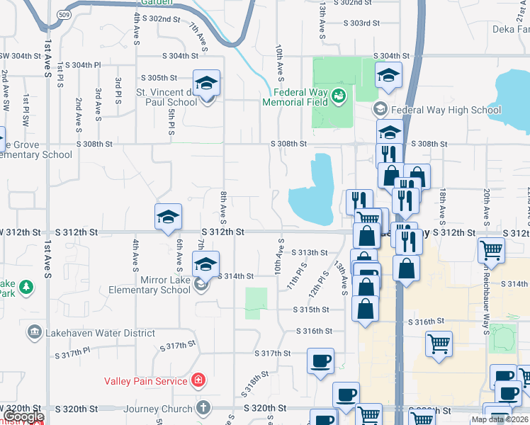 map of restaurants, bars, coffee shops, grocery stores, and more near 917 South 310th Place in Federal Way