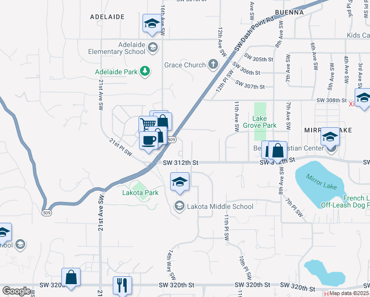 map of restaurants, bars, coffee shops, grocery stores, and more near 31139 14th Avenue Southwest in Federal Way