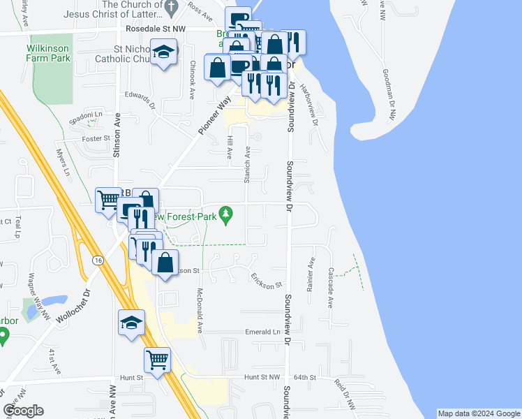 map of restaurants, bars, coffee shops, grocery stores, and more near 3023 Grandview Street in Gig Harbor