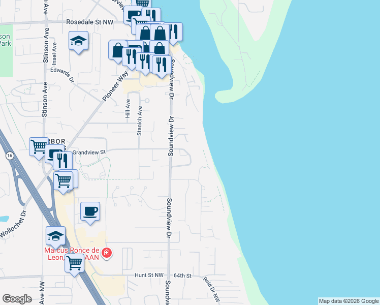 map of restaurants, bars, coffee shops, grocery stores, and more near 7133 Grandview Place in Gig Harbor