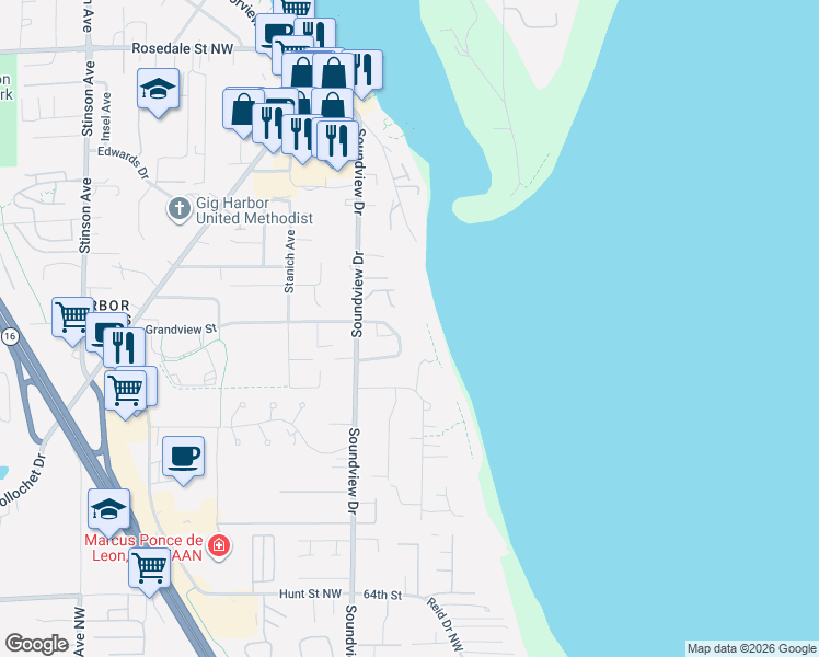 map of restaurants, bars, coffee shops, grocery stores, and more near 7155 Grandview Place in Gig Harbor