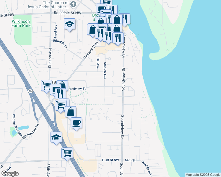map of restaurants, bars, coffee shops, grocery stores, and more near 3023 Grandview Street in Gig Harbor