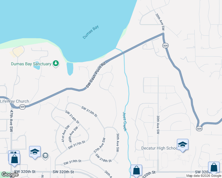 map of restaurants, bars, coffee shops, grocery stores, and more near 31012 36th Avenue Southwest in Federal Way