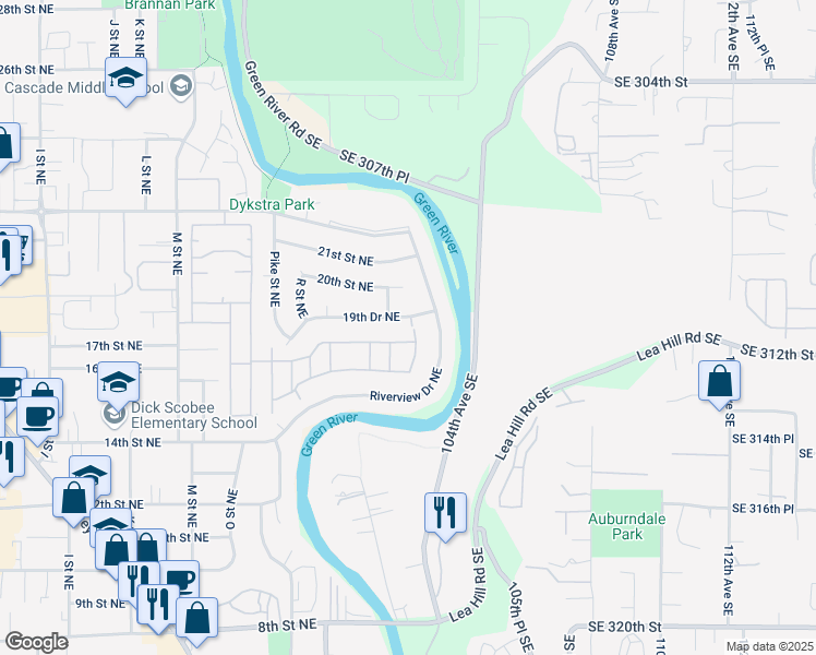 map of restaurants, bars, coffee shops, grocery stores, and more near 1910 19th Drive Northeast in Auburn