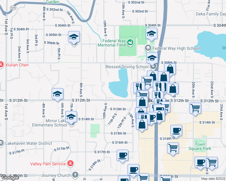 map of restaurants, bars, coffee shops, grocery stores, and more near 1002 South 312th Street in Federal Way