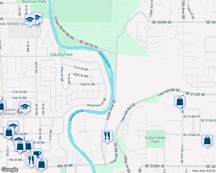 map of restaurants, bars, coffee shops, grocery stores, and more near 1808 Riverview Drive Northeast in Auburn