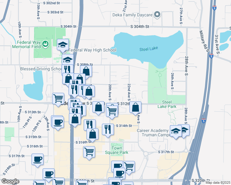 map of restaurants, bars, coffee shops, grocery stores, and more near 31026 20th Avenue South in Federal Way