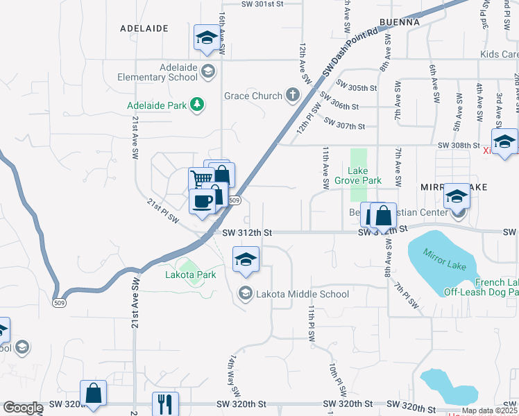 map of restaurants, bars, coffee shops, grocery stores, and more near 31139 14th Avenue Southwest in Federal Way