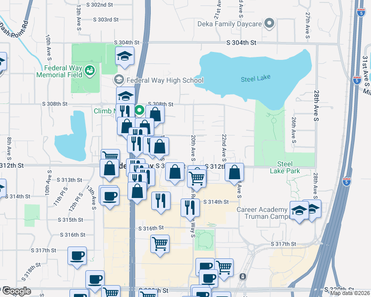 map of restaurants, bars, coffee shops, grocery stores, and more near 31021 20th Avenue South in Federal Way