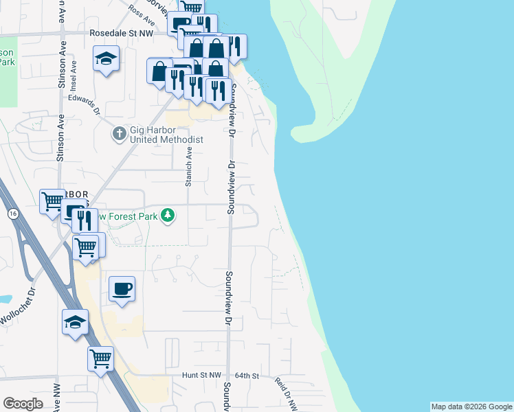 map of restaurants, bars, coffee shops, grocery stores, and more near 7143 Grandview Place in Gig Harbor