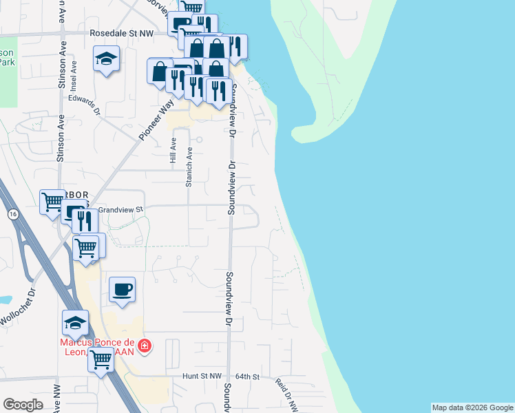 map of restaurants, bars, coffee shops, grocery stores, and more near 7143 Grandview Place in Gig Harbor