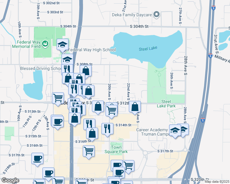 map of restaurants, bars, coffee shops, grocery stores, and more near 31026 20th Avenue South in Federal Way