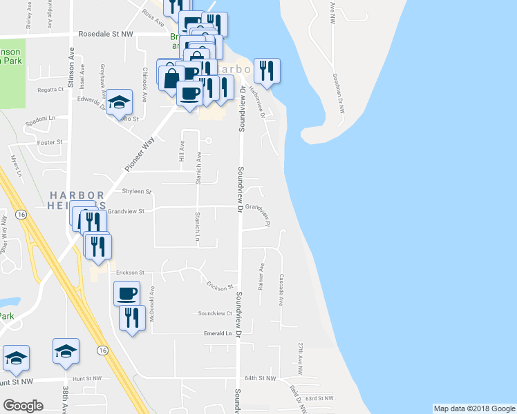map of restaurants, bars, coffee shops, grocery stores, and more near 7177 Grandview Place in Gig Harbor