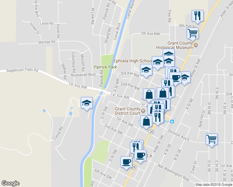 map of restaurants, bars, coffee shops, grocery stores, and more near 619 1st Avenue Northwest in Ephrata