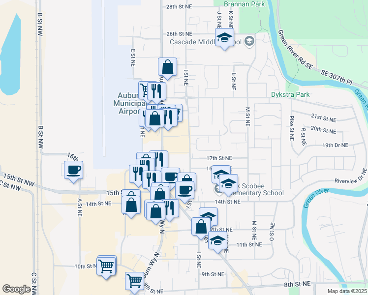 map of restaurants, bars, coffee shops, grocery stores, and more near 501-899 17th St NE in Auburn