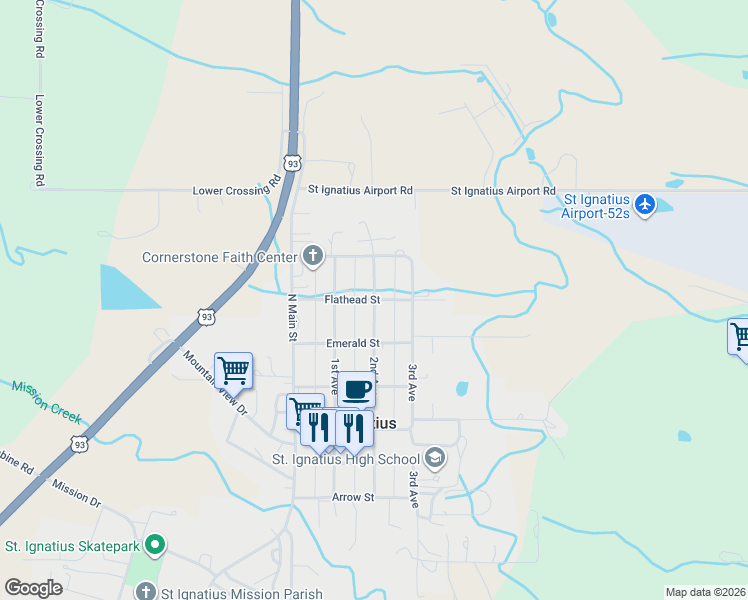 map of restaurants, bars, coffee shops, grocery stores, and more near Flathead Street in Saint Ignatius