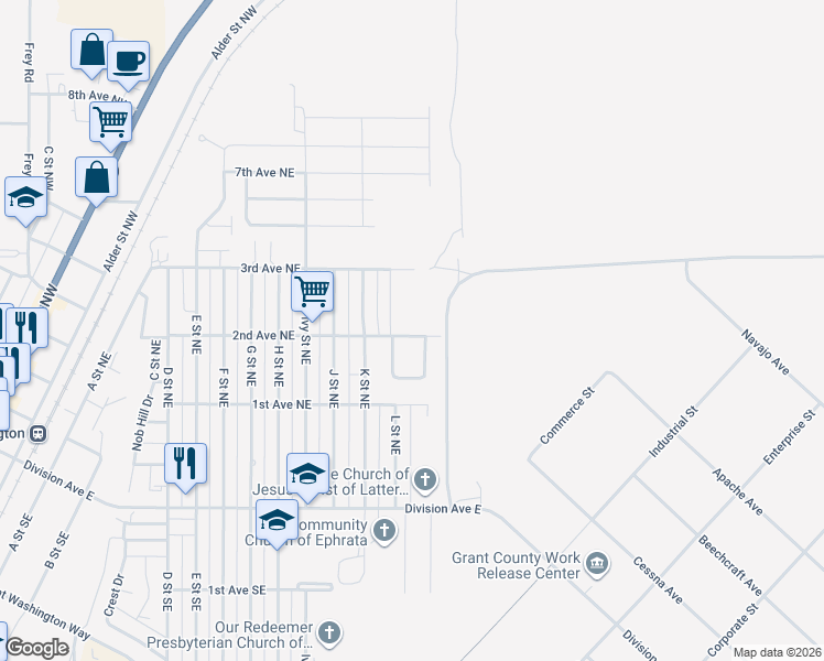 map of restaurants, bars, coffee shops, grocery stores, and more near 1221 2nd Avenue Northeast in Ephrata