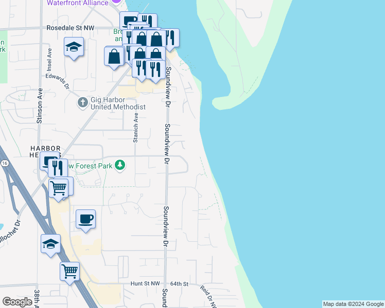 map of restaurants, bars, coffee shops, grocery stores, and more near 7155 Grandview Place in Gig Harbor