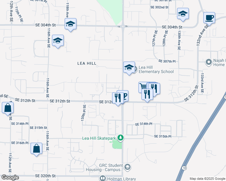 map of restaurants, bars, coffee shops, grocery stores, and more near 12336 Southeast 310th Lane in Auburn