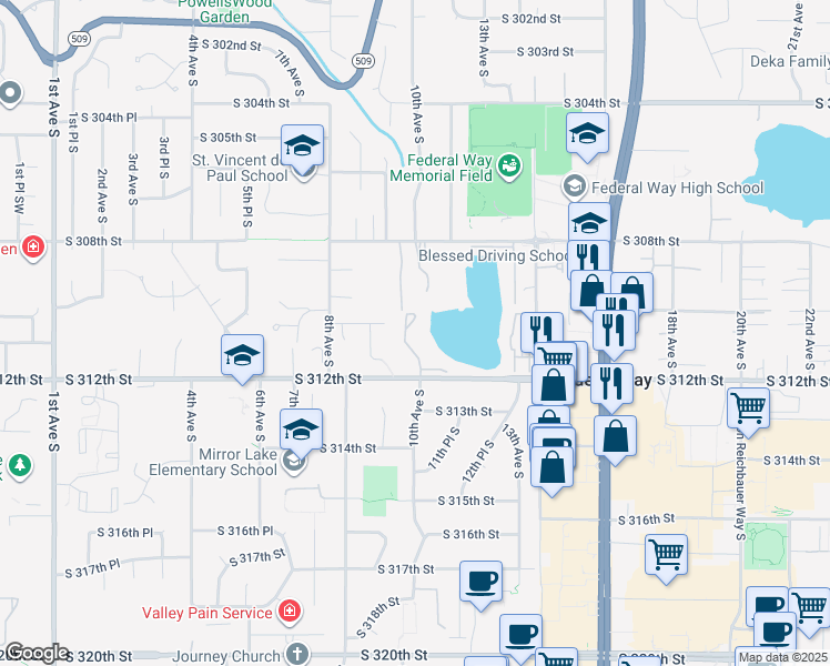 map of restaurants, bars, coffee shops, grocery stores, and more near in Federal Way