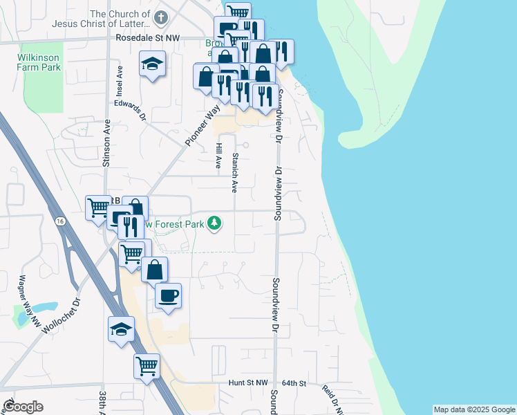 map of restaurants, bars, coffee shops, grocery stores, and more near 3023 Grandview Street in Gig Harbor
