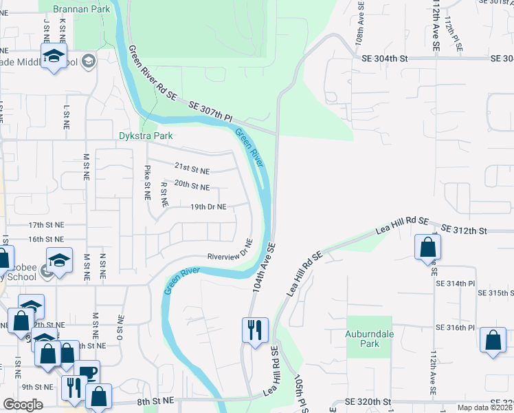map of restaurants, bars, coffee shops, grocery stores, and more near 1816 Riverview Drive Northeast in Auburn