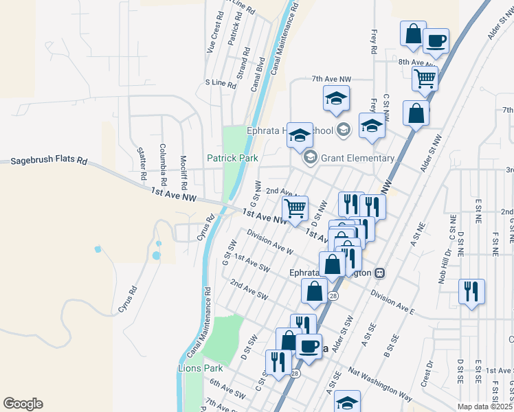 map of restaurants, bars, coffee shops, grocery stores, and more near 619 1st Avenue Northwest in Ephrata