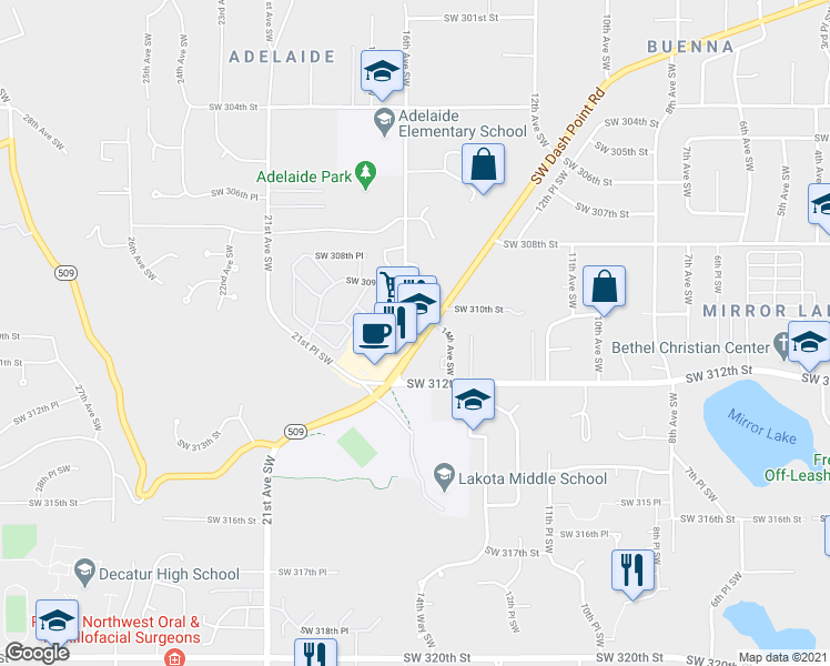 map of restaurants, bars, coffee shops, grocery stores, and more near 1600b Southwest Dash Point Road in Federal Way