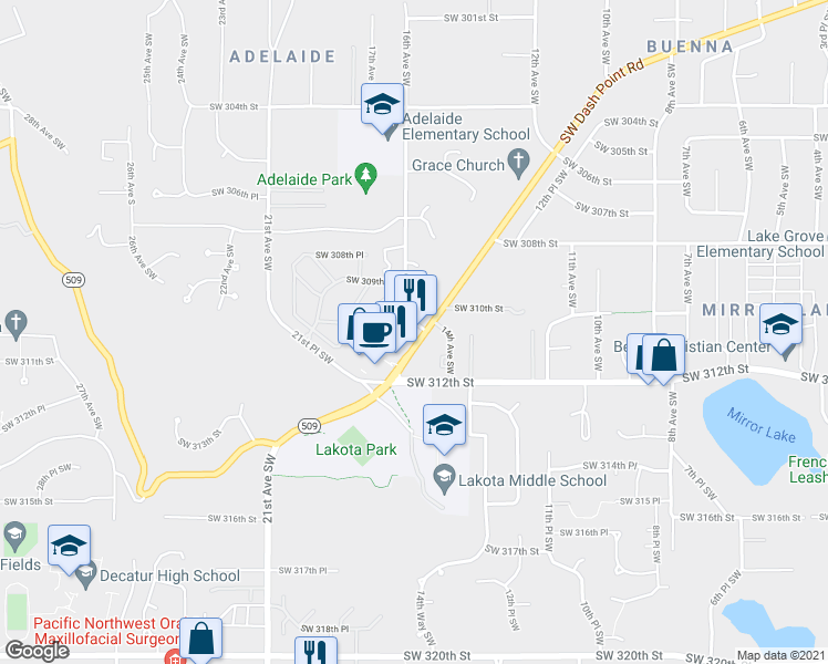 map of restaurants, bars, coffee shops, grocery stores, and more near 1600b Southwest Dash Point Road in Federal Way