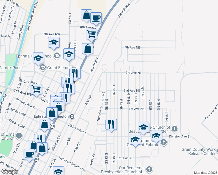 map of restaurants, bars, coffee shops, grocery stores, and more near 206 D Street Northeast in Ephrata