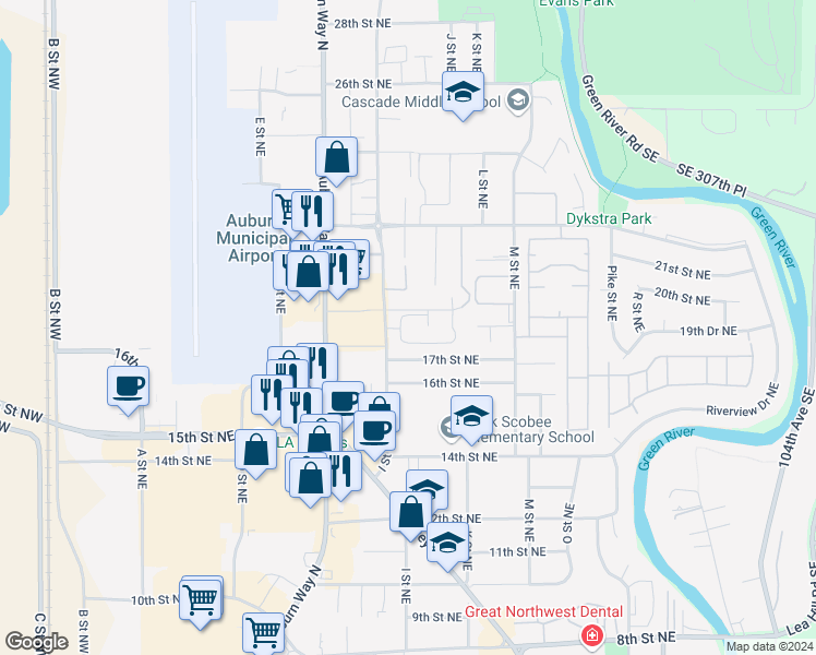 map of restaurants, bars, coffee shops, grocery stores, and more near 930 18th Place Northeast in Auburn