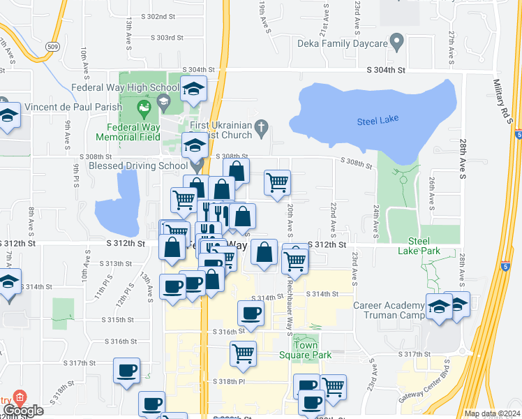 map of restaurants, bars, coffee shops, grocery stores, and more near 31010 18th Avenue South in Federal Way
