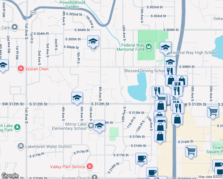 map of restaurants, bars, coffee shops, grocery stores, and more near 917 South 310th Place in Federal Way