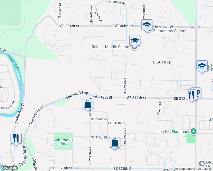map of restaurants, bars, coffee shops, grocery stores, and more near 31101 116th Avenue Southeast in Auburn