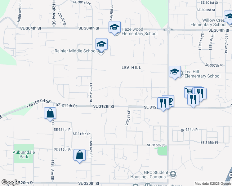 map of restaurants, bars, coffee shops, grocery stores, and more near 11804 Southeast 312th Street in Auburn