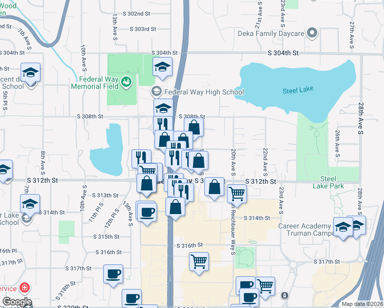 map of restaurants, bars, coffee shops, grocery stores, and more near 1639 South 310th Street in Federal Way