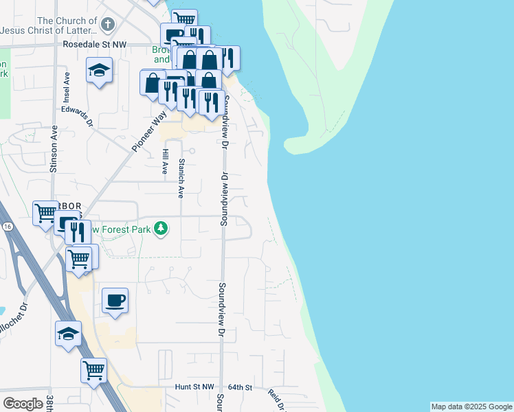 map of restaurants, bars, coffee shops, grocery stores, and more near 7155 Grandview Place in Gig Harbor