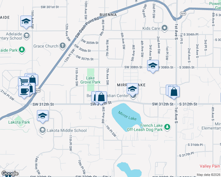 map of restaurants, bars, coffee shops, grocery stores, and more near 31010 7th Avenue Southwest in Federal Way