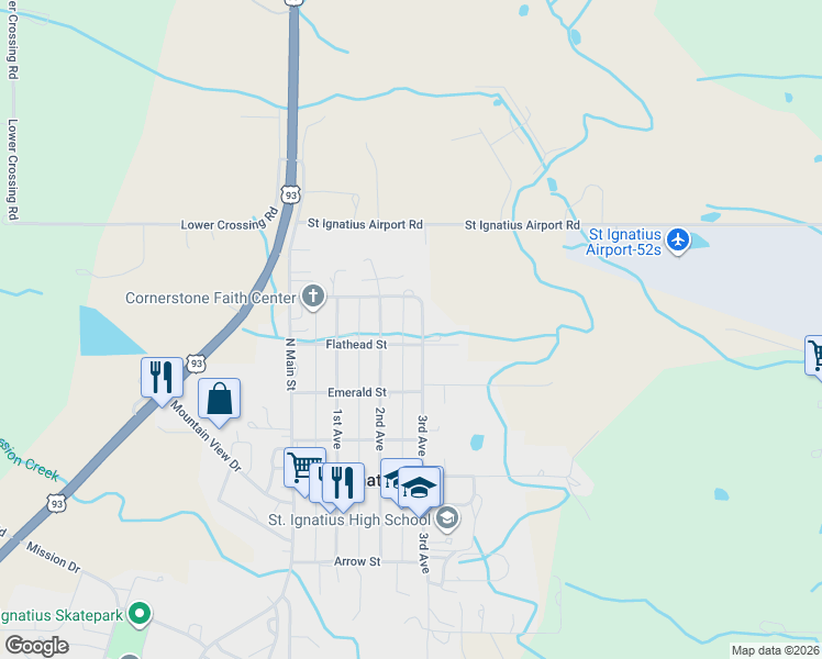 map of restaurants, bars, coffee shops, grocery stores, and more near Flathead Street in Saint Ignatius