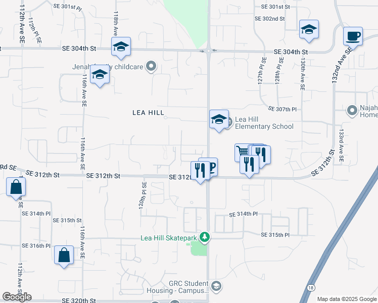 map of restaurants, bars, coffee shops, grocery stores, and more near 12276 Southeast 310th Lane in Auburn