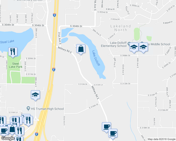 map of restaurants, bars, coffee shops, grocery stores, and more near 31014 Military Road South in Auburn