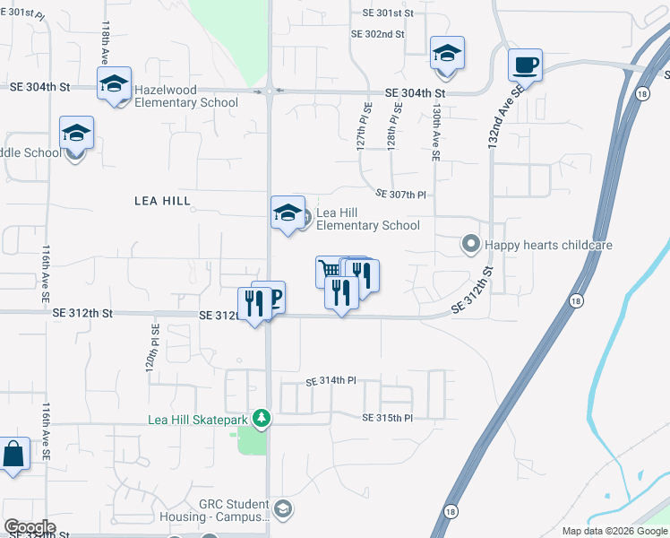 map of restaurants, bars, coffee shops, grocery stores, and more near 12722 Southeast 312th Street in Auburn